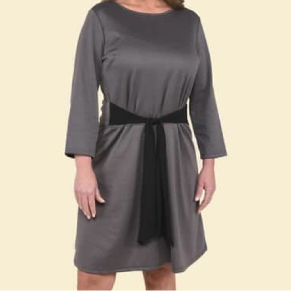 Tamsy Solid Grey Midi Drop Waist Long Sleeve Dress M